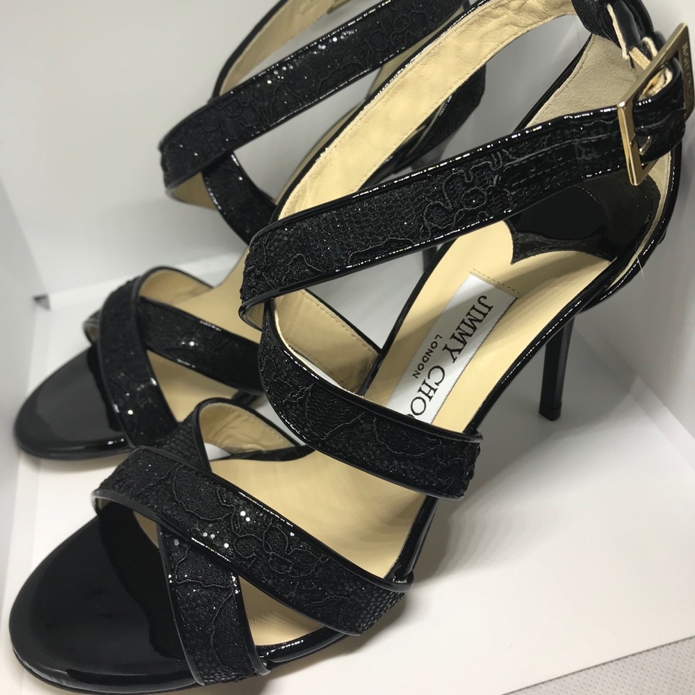 Jimmy Choo black glittered lace heels